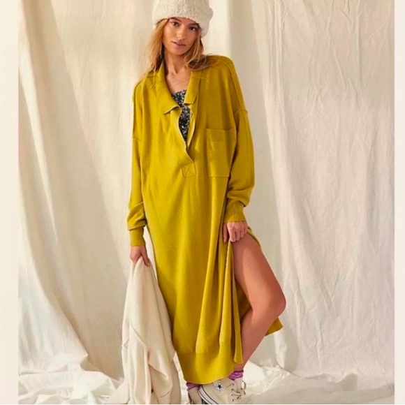 FREE PEOPLE Dana Maxi Luxe Polo Cashmere Sweater Dress Gold Size L. - Picture 15 of 16